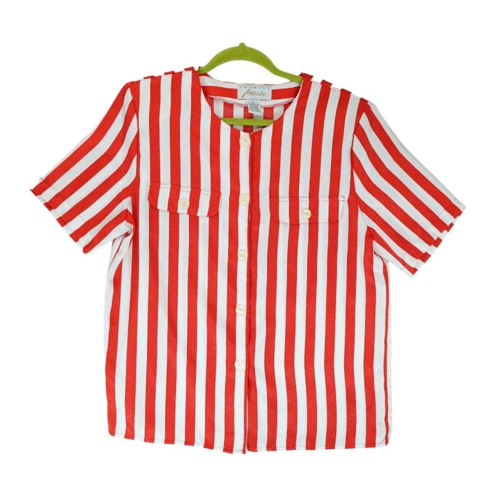 Fashion Attitudes Blouse‎ Size 14 Red & White Stripe Faux Front Pockets